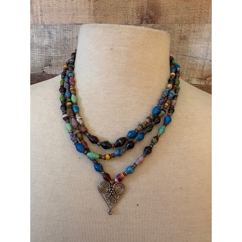 Handmade Rolled Paper Bead Multi Strand Necklace Silver Heart Pendant 20"